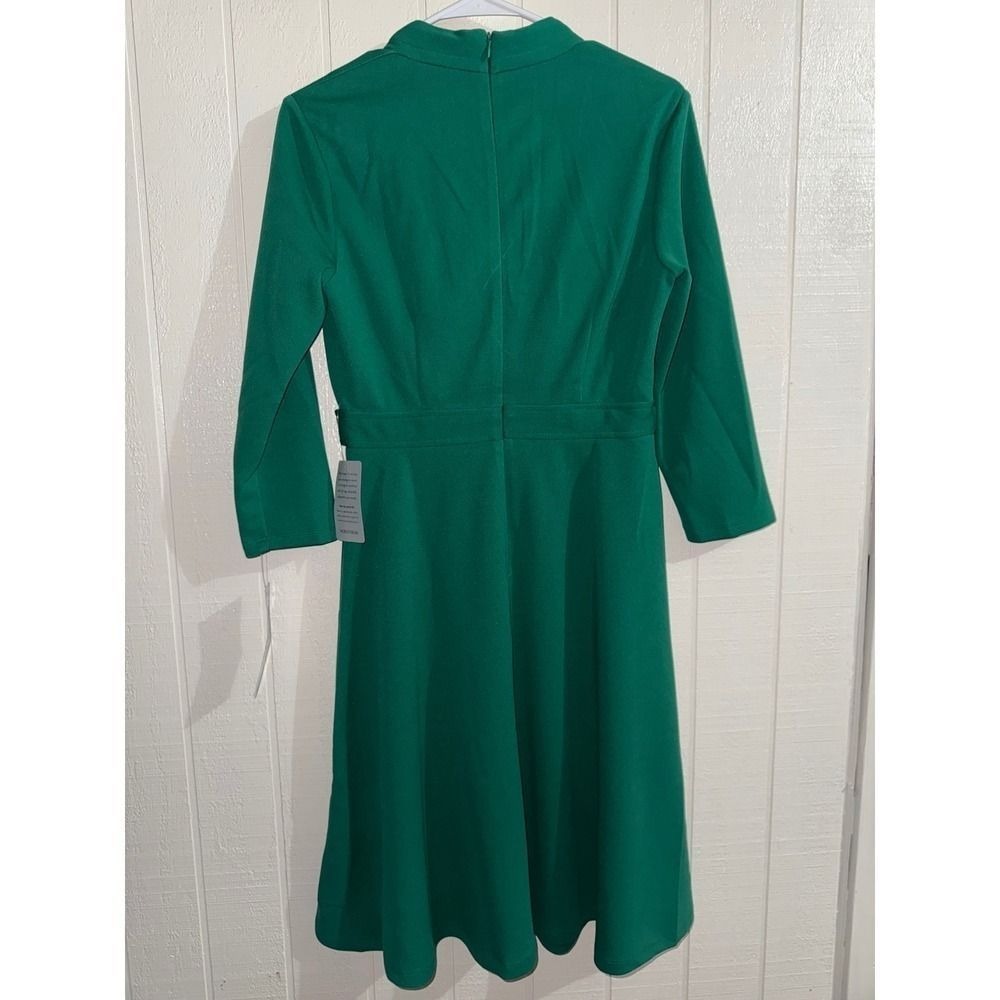 London Times Green Fit and Flare V-Neck Midi Dress 3/4 Sleeve Size 4 NWT - Picture 6 of 6
